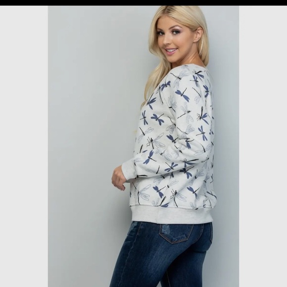 New LA soul White and Blue Dragonfly Print fleece crew sweatshirt S-XL - Picture 3 of 4